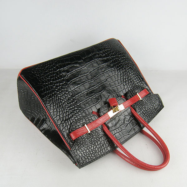 High Quality Fake Hermes Birkin 35CM Crocodile Veins Leather Bag Black/Red 6089 - Click Image to Close